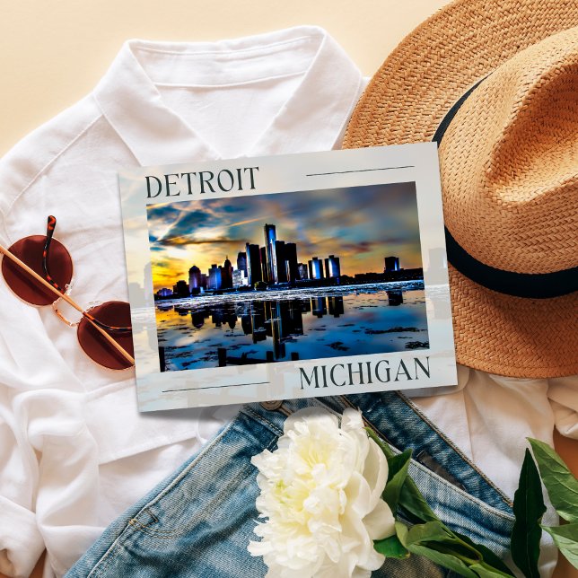 Sunset Reflections: Detroit Skyline Postcard (Detroit's Dusk Dreamscape Postcard)