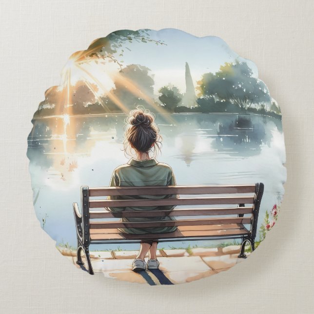 Sunset Reflections Lake Scene Round Pillow (Front)