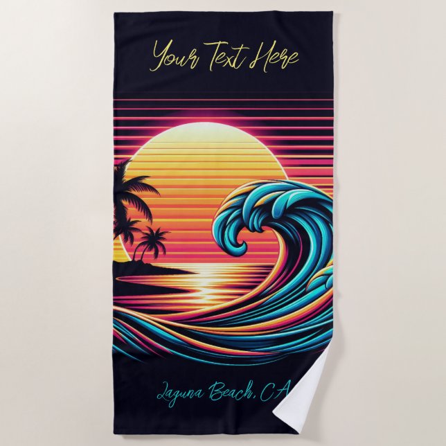 Sunset Retro Surf Wave Beach Towel (Front)