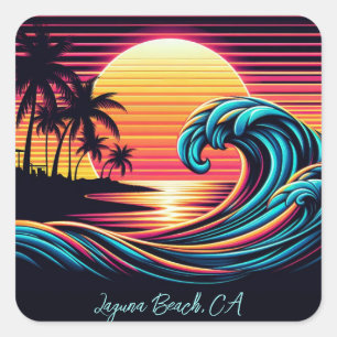 Sunset Retro Surf Wave Square Sticker