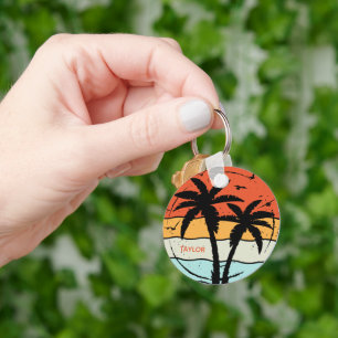 Sunset Retro Vintage Beach Palm Tree Keychain