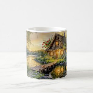 Sunset River Cottage with Dog on Bridge and Flower Coffee Mug