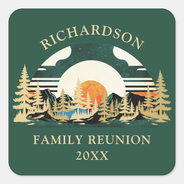 Sunset Road Trip Personalized Green Family Reunion Square Sticker (Front)