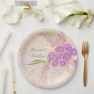 Sunset rose hand painted Blush bow Bouquet Paper Plate