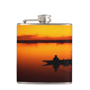 Sunset, Rowing Boat Silhouette-16497 Hip Flask