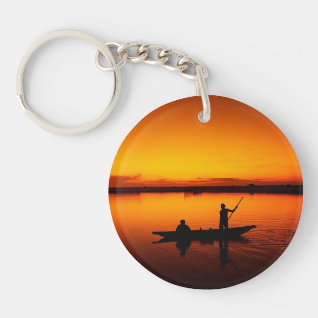 Sunset, Rowing Boat Silhouette-16497 Keychain (Front)