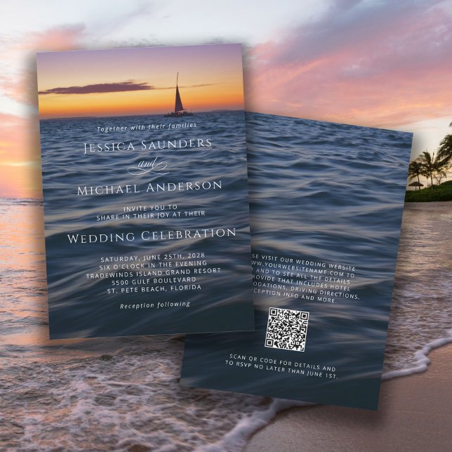 Sunset Sail Modern Nautical Wedding with QR code Invitation (Invitations available in both printed and instant download digital formats.)