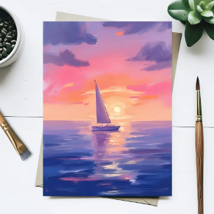 Sunset Sail Watercolor Pastel Purple Painting Postcard