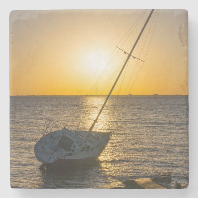 Sunset Sailboat Shipwreck Gulf Breeze FL Stone Coaster (Front)