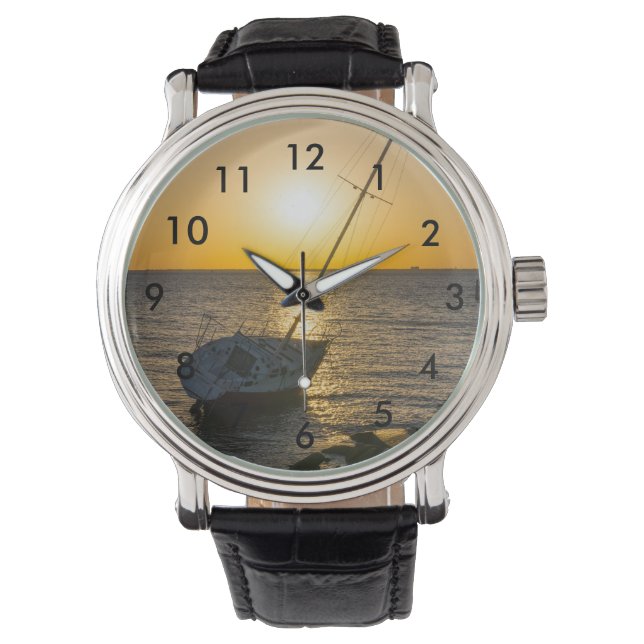 Sunset Sailboat Shipwreck Gulf Breeze Wrist Watch (Front)