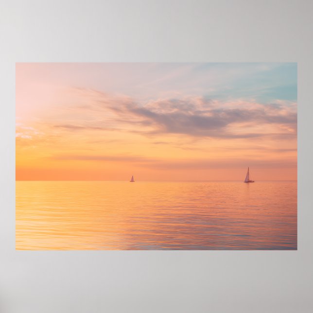 Sunset Sailboats Calm Ocean Horizon Glow Poster (Front)
