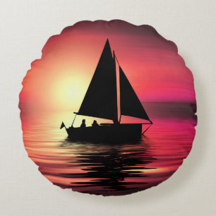 Sunset, Sailing Boat in The Sea-39186 Round Pillow