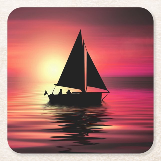 Sunset, Sailing Boat in The Sea-39186 Square Paper Coaster (Front)