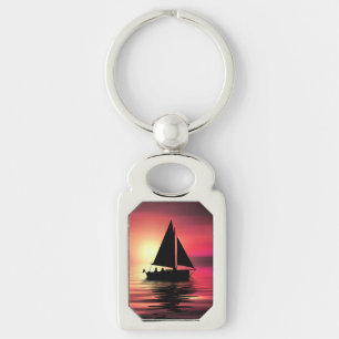 Sunset Sailing Boat On The Sea Art Design Keychain