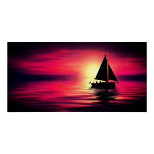 Sunset Sailing Boat On The Sea Art Design Poster