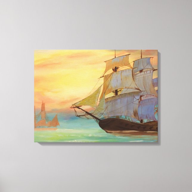 Sunset Sailing Ships Handpainted Nautical Art Canvas Print (Front)