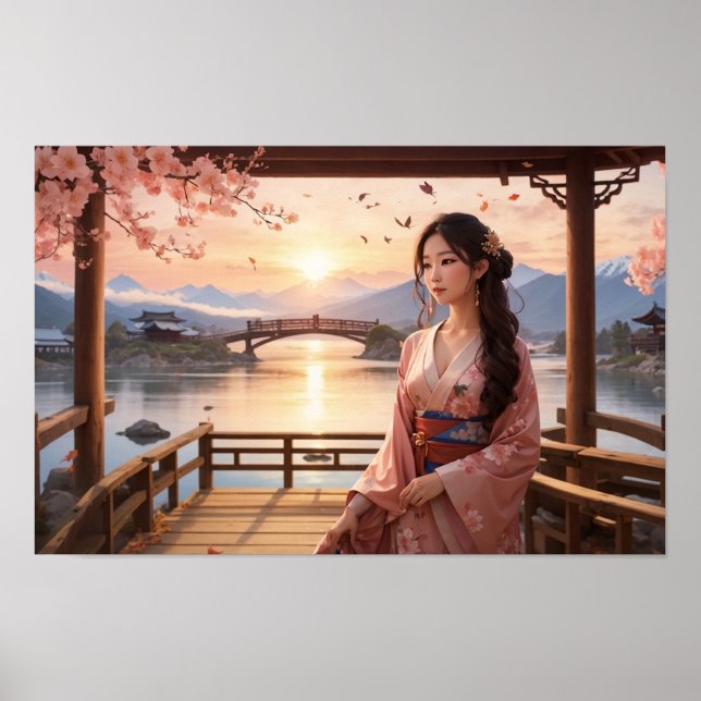 Sunset Sakura Tree with Beautiful Asian Woman Poster (Front)