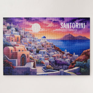 Sunset Santorini Island Illustration Travel Art Jigsaw Puzzle