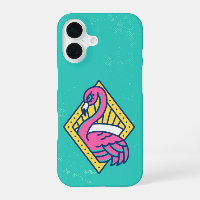 Sunset Sass Flamingo Badge iPhone 16 Case (Back)