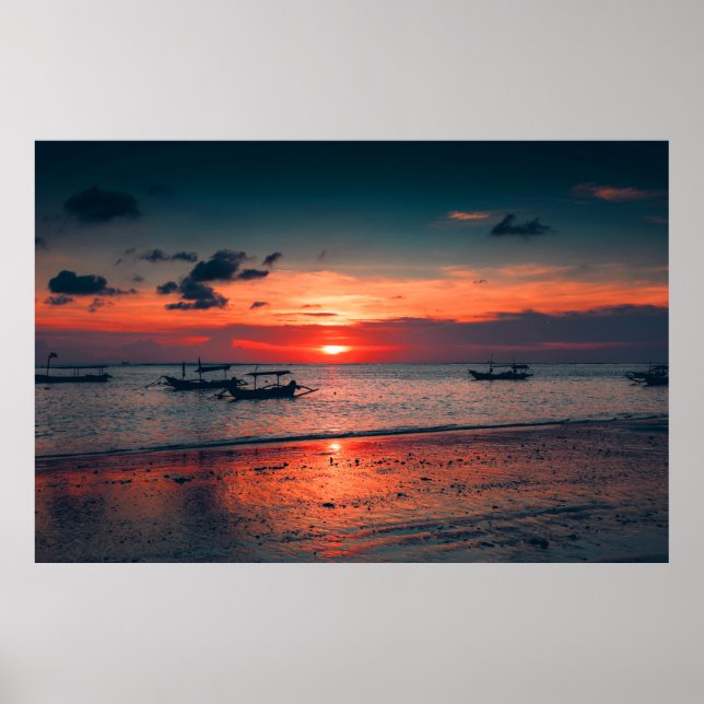 Sunset Sea Boat Shore Poster (Front)