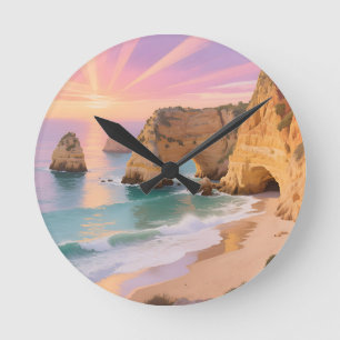 Sunset Sea Caves Paradise Round Clock