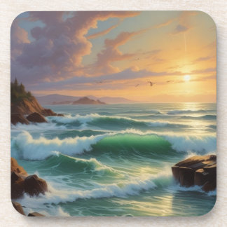 Sunset Seascape Painting Artwork Coaster