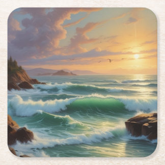 Sunset Seascape Painting Artwork Square Paper Coaster