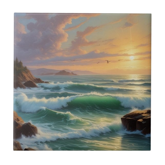 Sunset Seascape Painting Artwork Tile (Front)