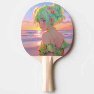 Sunset Seaside Anime Girl with Mint Hair Buns Ping Pong Paddle