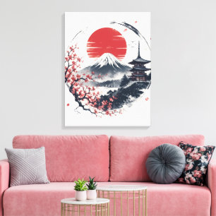 Sunset Serenity at Mount Fuji – Japanese Ink Art  Canvas Print