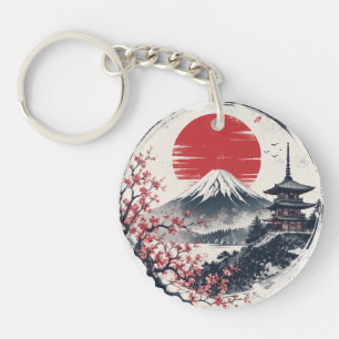 Sunset Serenity at Mount Fuji – Japanese Ink Art  Keychain