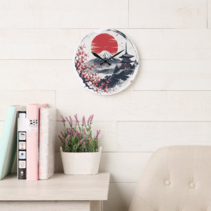Sunset Serenity at Mount Fuji – Japanese Ink Art  Large Clock