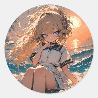 Sunset Serenity: Beach Girl Art Classic Round Sticker