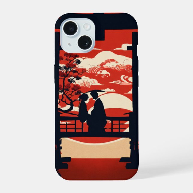 Sunset Serenity: Japanese Torii Gate & Romantic Si iPhone 15 Case (Back)