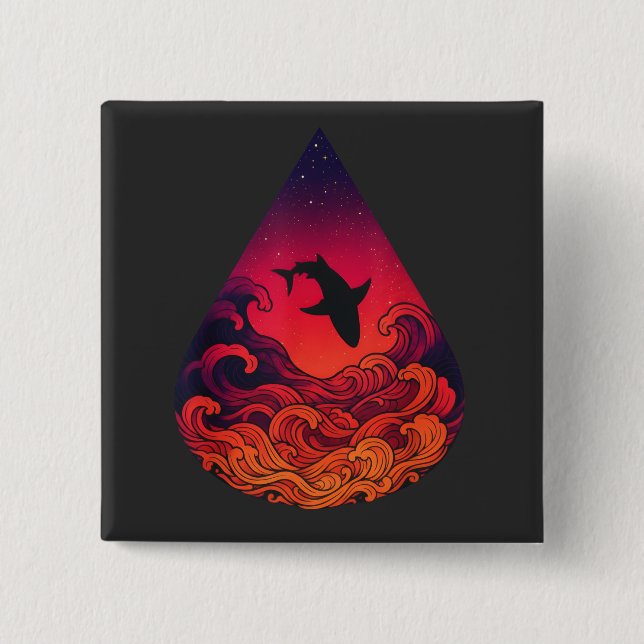 Sunset Shark Silhouette Ocean Teardrop Vibrant 2 Inch Square Button (Front)