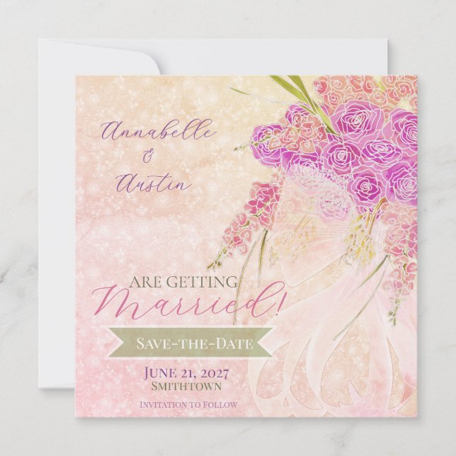 Sunset sheer bow Bright Rose Bouquet   Save The Date (Front)