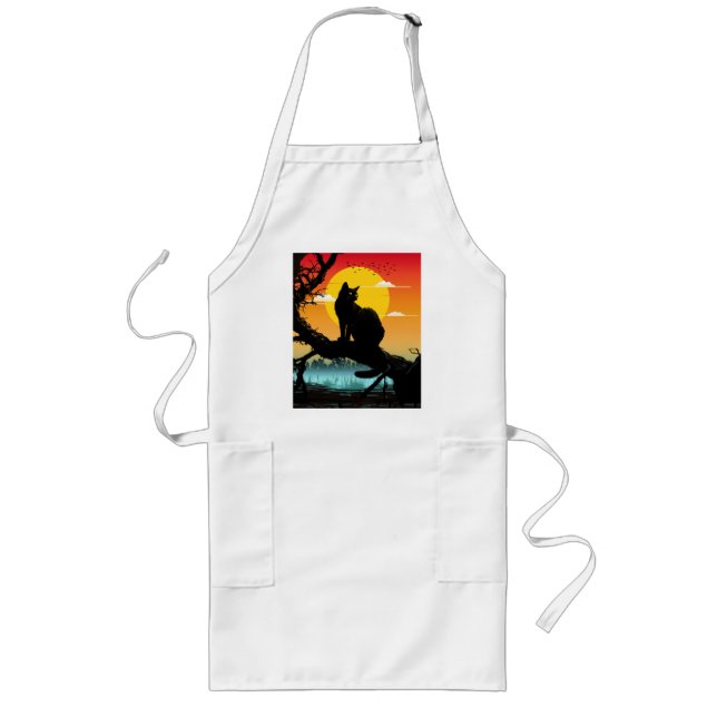 Sunset Silhouette Cat And Tree Long Apron (Front)