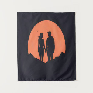 Sunset Silhouette Couple Minimalist Love Art Tapestry