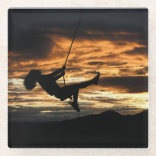 Sunset Silhouette of Girl on Swing Glass Coaster