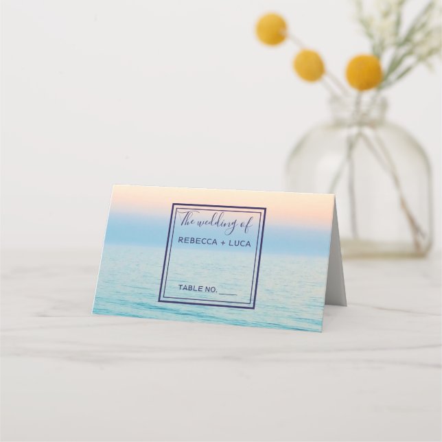 Sunset Skies Beach Ocean Wedding Table Place Card (Front)