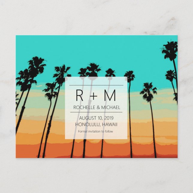 Sunset Skies Tropical Wedding Save the Dates Announcement Postcard (Front)