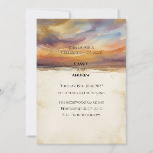 Sunset Sky Beach Horizon Watercolor Wedding Invitation