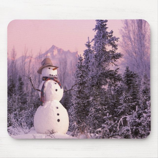 Sunset Snowman in the Winter Mountains Mouse Pad (Front)