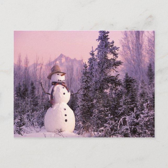 Sunset Snowman in the Winter Mountains Postcard (Front)