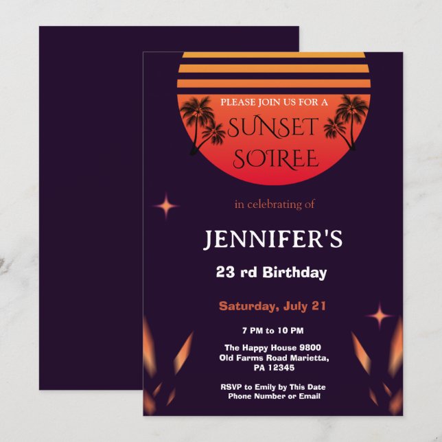 Sunset Soiree Birthday Party Tropical Beach  Invitation (Front/Back)