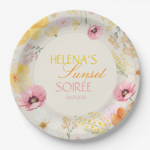 Sunset Soirée Pastel Floral Pink, Orange, Yellow Paper Plate