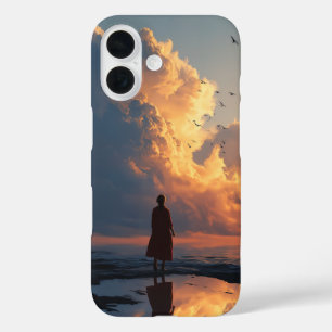 Sunset Solitude: Woman in Red Dress iPhone 16 Case