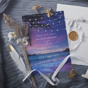 Sunset String Light Tropical Beach QR Code Wedding Invitation