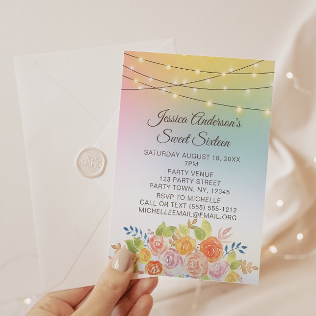 Sunset String Lights with Floral Bouquet Sweet 16 Invitation (Creator Uploaded)