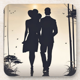 Sunset Stroll Black Silhouette Couple Coaster